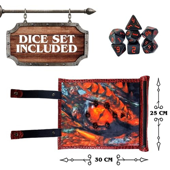 POWER BEAST Dungeon 2 in 1 Dragon Dice Rolling Mat & Dice Holder Dice Tray + Dice Set D&D Polyhedral DND 7pcs Portable Foldable Gaming Scroll Dungeons and Dragons D&D DND RPG. (ICEDRAGON)
