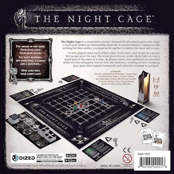 Smirk & Dagger The Night Cage by Smirk and Dagger a Spooky Cooperative Strategy Game 1-5 Players Lost in a Dark Maze with only a Candle Fun Horror Themed Tile Laying and Perfect for Game Night Adults Teens 14+