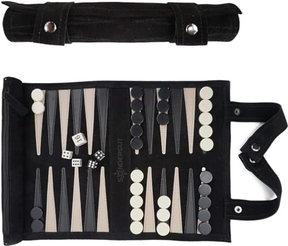 Sondergut Roll-up Portable Suede Backgammon Game Set - for Adults & Children - Ideal for RV Travel Cruise Airplane Camping Backpacking Road Trips Etc. Multiple Colors (Black)