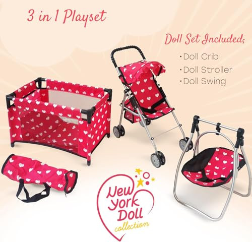 The York Doll Collection Deluxe Baby Doll Stroller with Crib Furniture Playset Multi Baby Doll Accessories Set for 18" Dolls Includes Doll Stroller Swing and Doll Bed Pretend Play for All Dolls - Pink