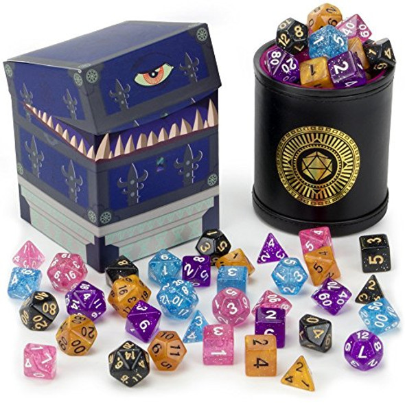 Wiz Dice Cup of Illusion - 35 Polyhedral DND Dice & Dice Shaker Cup & Box for Storage (5 Set of 7 Unique Colors) -Polyhedral Role Playing Dice in Unique Colors - DND Accessories for TTRPG Dice Games