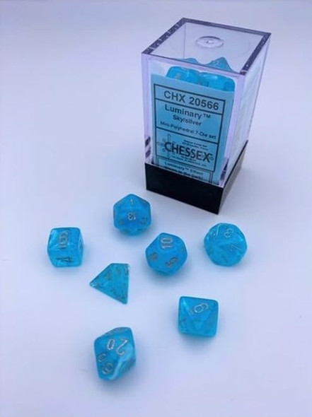 Wondertrail Sky Luminary Mini Dice with Silver Numbers 10mm (3/8in) Set of 7 Chessex
