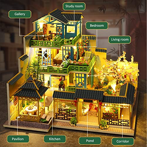 Yuzhen DIY Miniature Dollhouse with Furniture and LED Lights Japanese Style Wooden Mini-House Includes Dustcover and Music Movement Collectibles for Hobbies