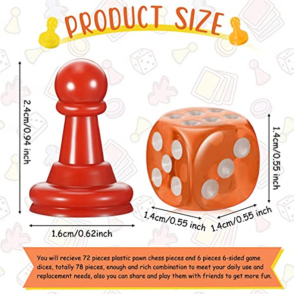 Zhanmai 78 Pieces Multicolor Board Game Pieces Include 72 Pieces Multicolor Plastic Pawn Chess Pieces 6 Pieces Plastic 6-Sided Game Dice Chess Game Pieces Game Dice Set for Board Game Components Table Marking