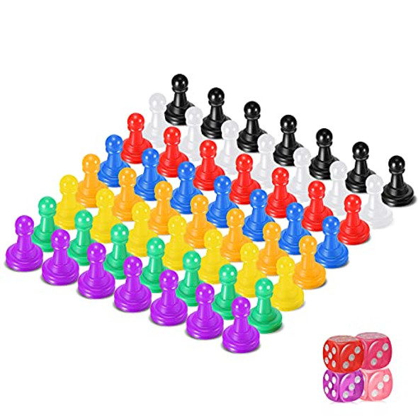 Zhanmai 60 Pcs Board Game Pieces Multicolor Plastic Pawn Chess Pieces Components Table Markings 6 Sided Game Dice for Board Games Assorted Pawn Tabletop Game Replacement