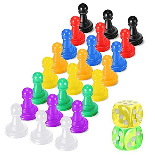 Zhanmai 26 Pieces Multicolor Board Game Pieces and Dice Include 24 Multicolor Plastic Pawn Chess Pieces and 2 Plastic 6-Sided Game Dices Chess Game Pieces Dice Set for Board Game Components Table Marking
