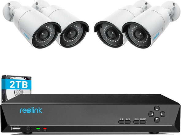 Reolink 4Mp 8Ch Poe Security Camera System 4Pcs Wired 1440P Security Ip Camera For Indoor And Outdoor Person Vehicle Detection 4K 8Ch Nvr With 2Tb Hdd For 24-7 Recording Rlk8-410B4