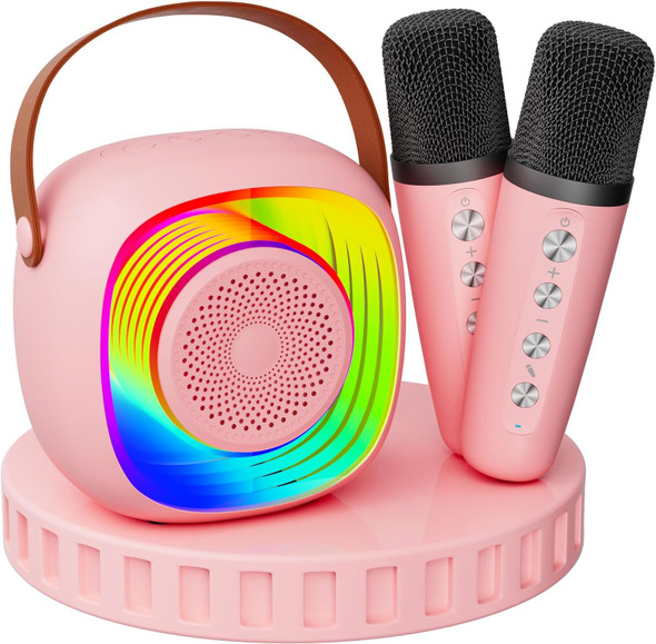 Micpioneer Karaoke Machine for Kids Mini Portable Bluetooth Karaoke Speaker with 2 Wireless Microphones and Lights Birthday s for Girls Ages 4 5 6 7 8 9 10 12+(Pinkcolor)