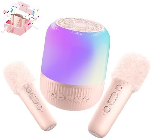 Moudou Mini Karaoke Machine for Kids - Portable Bluetooth Speaker with Wireless 2 Microphones Christmas Birthday Party Toys for Boys Girls Adults Toddler Teen Ages 3 4 5 6 7 8 9 10 12+ Years Old (Pink)