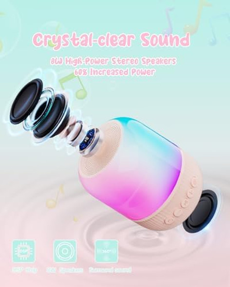 Moudou Mini Karaoke Machine for Kids - Portable Bluetooth Speaker with Wireless 2 Microphones Christmas Birthday Party Toys for Boys Girls Adults Toddler Teen Ages 3 4 5 6 7 8 9 10 12+ Years Old (Pink)