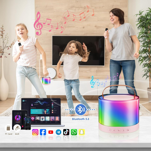 Mrinb Mini Karaoke Machine for Kids Bluetooth Speaker with 2 Wireless Microphones Protable Toddler Karaoke Machine Toys with Variable Voice LED Lights for 4-12 Years Old Girls Christmas Birthday