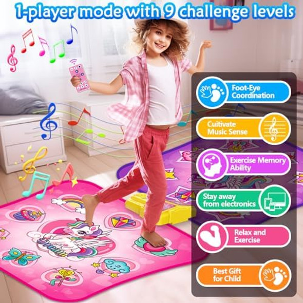 Terramus Dance Mat Toys for 3-12 Year Old Kids Single & Double Player Dance Game Pad with Led Light & Wireless Bluetooth 9 Levels Built-in Music Play Mats Birthday Xmas for Girls Boys Toddlers
