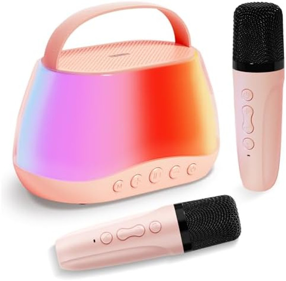 Uuw Portable Bluetooth Mini Karaoke Machine with 2 Wireless Microphone & LED Lights Mini Karaoke Speaker for Kids & Adults Birthday for Girls Boys Ages 3-12 Pink