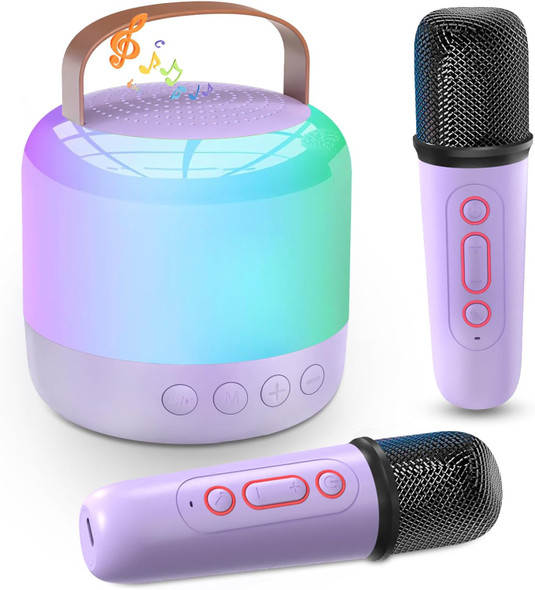 Yihee Mini Karaoke Machine for Kids Adults Portable Bluetooth Speaker with 2 Wireless Microphones and Colorful Lights Ideal for Girls Boys Birthday Family Party (Purple 2 Mics)