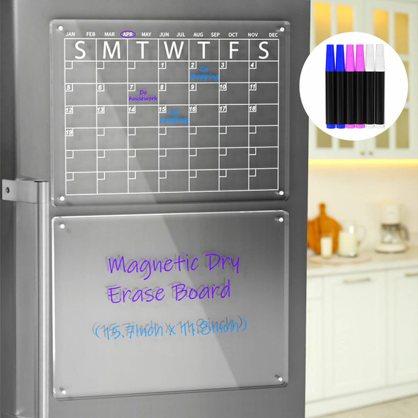 AITEE Acrylic Magnetic Dry Erase Board and Calendar for Fridge Clear Set of 2 Dry Erase Board Calendar for Refrigerator Reusable Planner  Includes 6 Dry Erase Markers with 3 Colors 16"x12"Inches