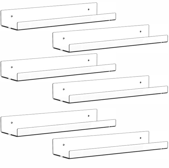 Cq acrylic Clear Acrylic Shelves for Wall with Adhesive,15 Inch No Drill Floating Shelves for Bathroom,Bedroom,Renter Friendly,Kids Room Bookshelf,Wall Display Shelf for Lego,Funko Pop,Figurine,Perfume 6 Pack