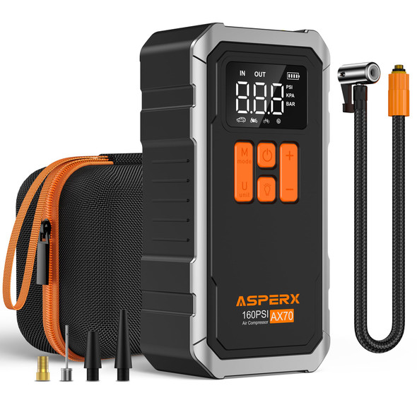 AsperX 160PSI Tire Inflator Portable Air Compressor - Cordless Air Pump for Car Tires with 10000mAh Battery 4+N Smart Modes Digital Pressure Gauge LED Light & Carrying Case - for Car Moto Bike Balls