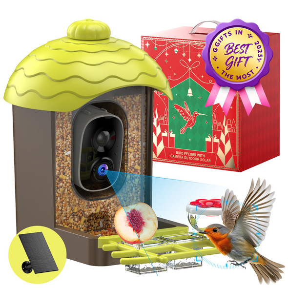AiPoaaol Smart Bird Feeder with Camera Outdoor: 2K Wild Bird Watching Video Cam - Unique Gifts for Nature Lover - Birds House Window at Garden IP66 Solar Charged & Squirrel-Proof Alarm