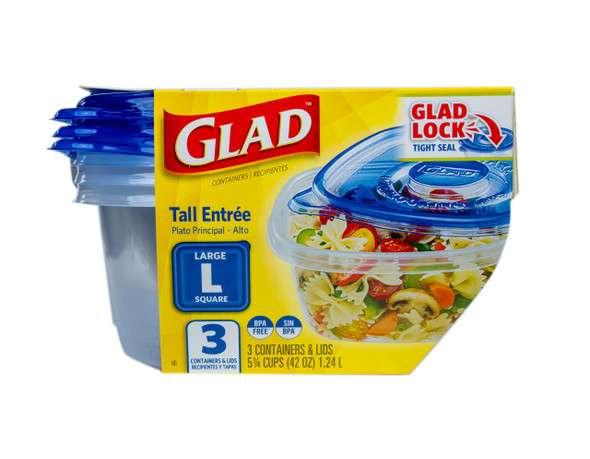 Glad GladWare Tll Entree Food Storage Containers - Large Square - Meal Container Holds up to 42 Ounces of Food - Lock Tight Seal 3 Count