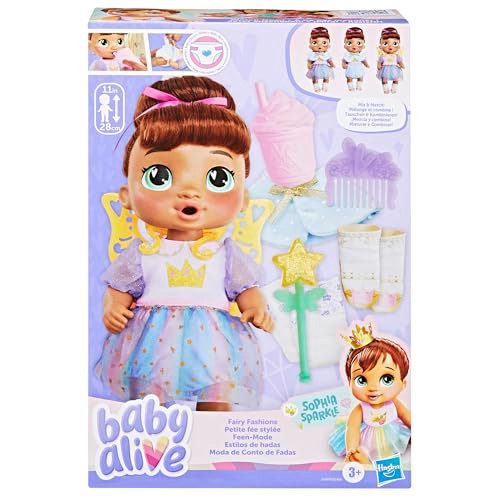 Baby Alive Fairy Fashions Sophia Sparkle Doll With Clothes Accessories, Brown Hair, 11 Inches, Kids Toys, Ages 3+( Exclusive)