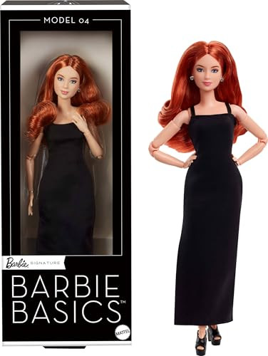 Barbie Basics Model 04 Collector Doll With Red Curly Hair, Black Mini Dress & Platform Shoes, Universal-Fit Fashions, Posable Petite Body & Swappable Doll Head