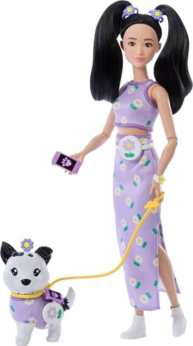 Barbie Twinning Looks Doll With Pet Dog In Matching Purple Daisy Clothes And Accessories For Both Like Flowers And Belt Bags, Black Hair