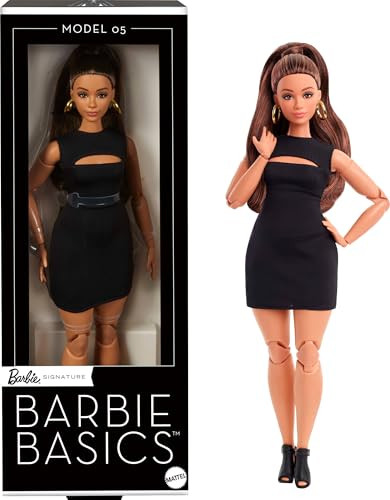 Barbie Basics Model 05 Collector Doll With Brunette Hair, Black Mini Dress & Heels, Universal-Fit Fashions, Posable Curvy Body & Swappable Doll Head