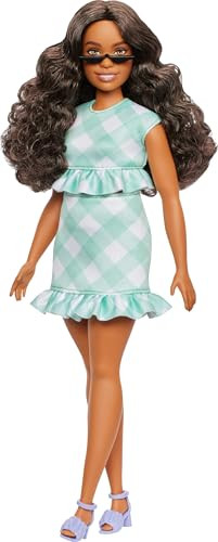 Barbie Fashionistas Doll #240 With Wavy Dark Brown Hair Wearing Minty Green Ruffled Gingham Dress, Sunglasses And Lavender Heels Accessories