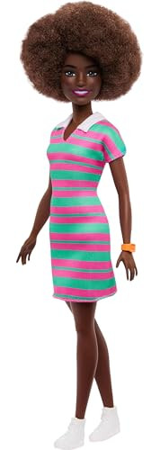Barbie Fashionistas Doll #247 With Curly Black Hair, Pink And Green Striped Collared Dress With Accessories Like Orange Watch And White Sneakers