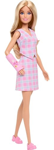 Barbie Fashionistas Doll #243 With Blonde Hair And Pink Arm Cast Accessory, Wearing Plaid Top And Skirt With Pink Loafers