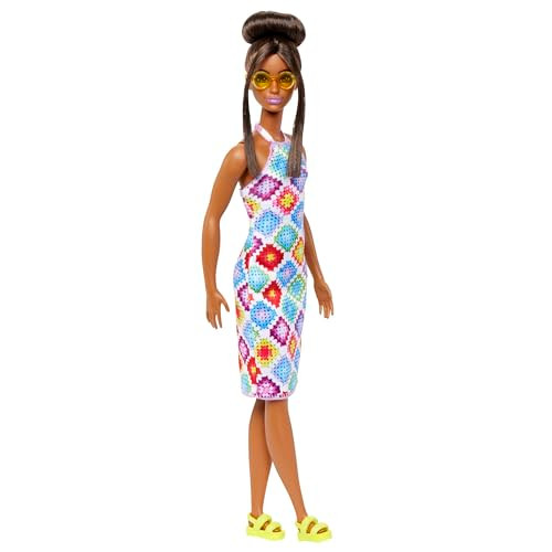 Barbie Fashionistas Doll #210 With Brunette Hair In Bun Wearing Removable Colorful Crochet Halter Dress, Sunglasses & Sandals