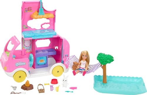 Barbie Camper, Chelsea 2-In-1 Playset With Small Doll, 2 Pets & 15 Accessories, Vehicle Transforms Into Camp Site ( Exclusive)