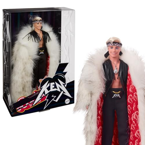 Barbie The Movie Collectible Ken Doll Wearing Big Faux Fur Coat And Black Fringe Vest With Bandana