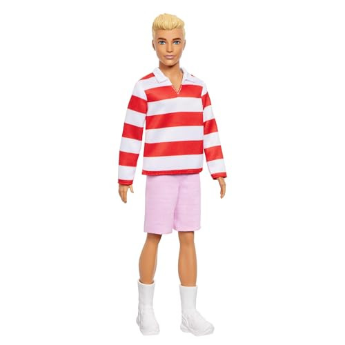 Barbie Fashionistas Ken Doll #241 With Blonde Hair Wearing Red And White Striped Polo Shirt With Pink Shorts, White Crew Socks And Sneakers