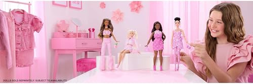 Barbie Deluxe Style Doll #10 In Pink Denim Top And Skirt Set With Bow Print, Black Hair, Behind-The-Ear Hearing Aids And Accessories Like Handbag