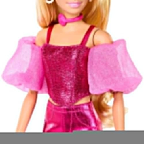 Barbie Deluxe Style Doll #5 In Metallic Pink Outfit, Blonde Hair, Sparkly Corset Top And Shiny Pants With Accessories Like Rose Necklace And Handbag