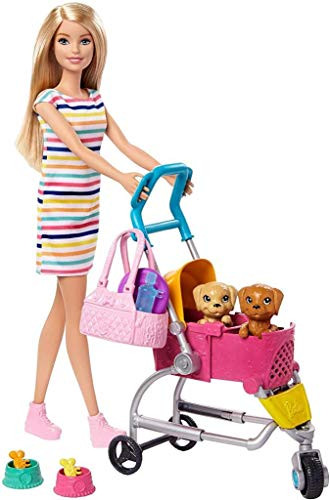 Barbie Dogwalking Doll & Accessories, Stroll & Play Pups Playset With Transforming Stroller, 2 Pets & Handbag, Blonde Doll