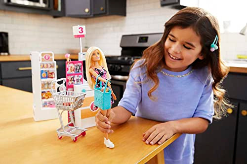 Barbie Doll, Blonde, And Grocery Store With Rolling Cart And Working Belt