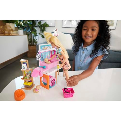 Barbie Doll (11.5-In Blonde) And Pet Boutique Playset With 4 Pets, Color-Change Grooming Feature And Accessories, Great  For 3 To 7 Year Olds