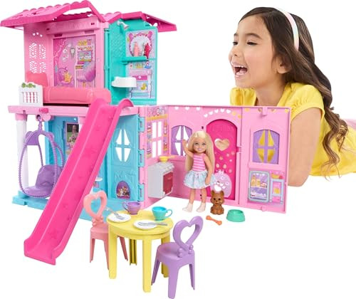 Barbie Chelsea Toy Dollhouse With 15+ Accessories, Pop-Up House Expands To 17+ X 13+ Inches With 5 Play Areas & Slide, Includes Small Doll & Pet Dog