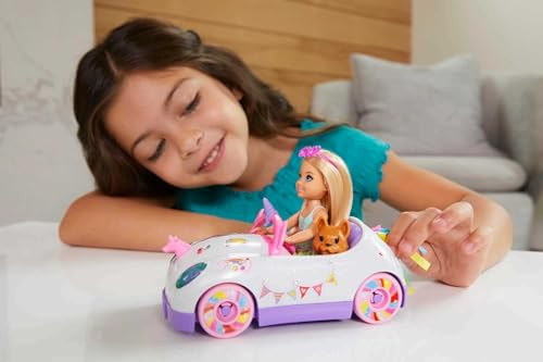 Barbie Chelsea Toy Car Set With Bear-Themed Convertible & Teddy Bear Accessory, Blonde Small Doll Wears Removable Skirt & Shoes