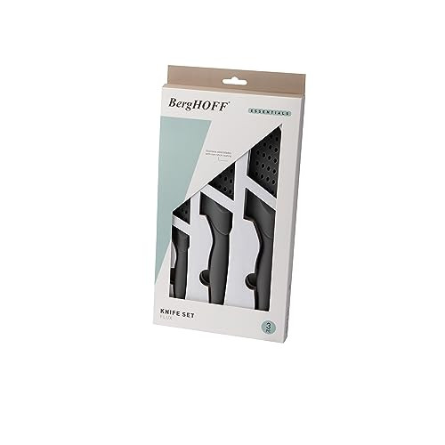 Berghoff Essentials 3Pc Non-Stick Coated Kitchen Knives Grey Ergonomically Designed Soft-Grip Handle Pp Fitted Protective Sleeve Multifunctional Knife