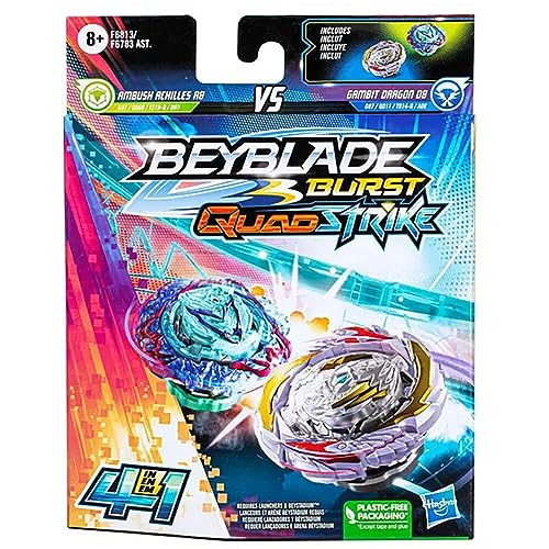 Beyblade Burst Quadstrike Gambit Dragon D8 And Ambush Achilles A8 Spinning Top Dual Pack, 2 Battling Game Top Toy For Kids Ages 8 And Up