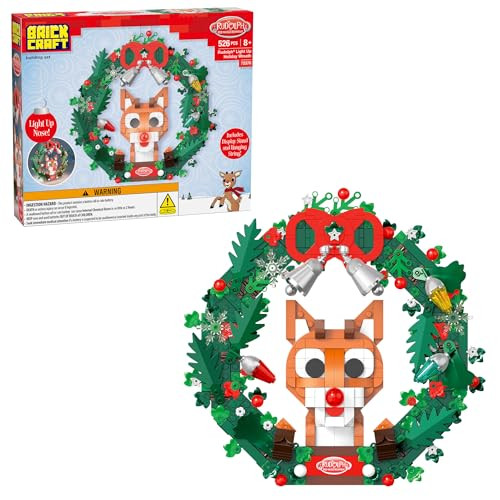 Brickcraft Rudolph The Red-Nosed Reindeer Light Up Holiday Wreath Building Bricks Set 526 Pieces With Display Stand And Hanging String, Fun Xmas Christmas Decoration Collectible  For Families Kids