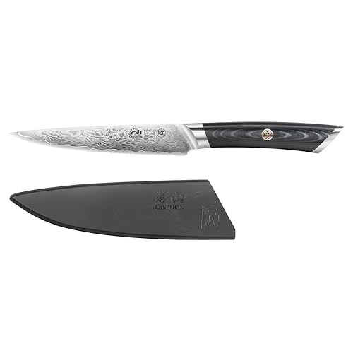 Cangshan Kuro Series 5-Inch Serrated Utility Knife With Sheath, High Carbon X-7 Damascus Steel, 504289
