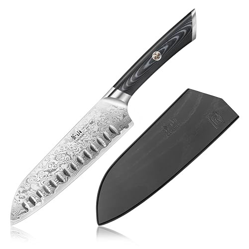Cangshan Kuro Series 7-Inch Santoku Knife With Sheath, High Carbon X-7 Damascus Steel, 504265