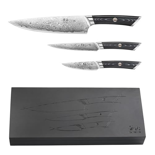 Cangshan Kuro Series 3-Piece Starter Knife Set With Ash Wood Box, High Carbon X-7 Damascus Steel, 504319