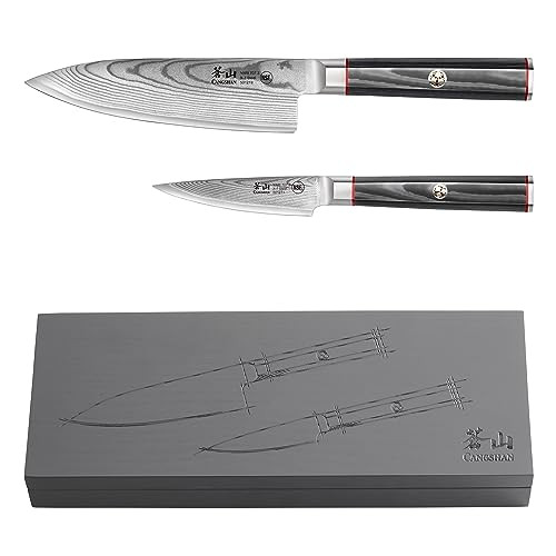 Cangshan Yari Series X-7 Damascus Steel Starter Knife Set With Ash Wood Box (2-Piece)