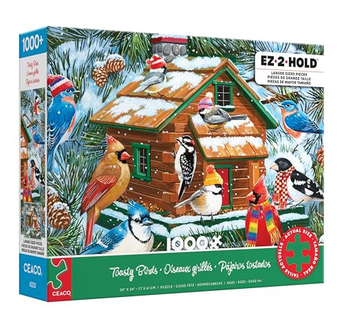 Ceaco - Toasty Birds - 1000 Piece Christmas Puzzle - Z2Hold Larger Shapes - Great For Adults, Seniors, Family, Kids, Holiday Artwork - Hours Of Festive Winter Fun