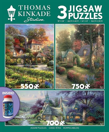 Ceaco - 3 In 1 Multipack - Thomas Kinkade - Clocktower Cottage - 550, 750, 700 Piece Panoramic Jigsaw Puzzles